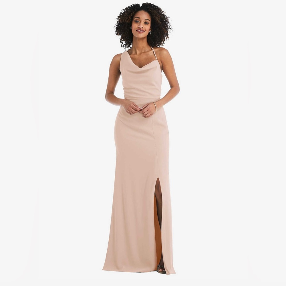 NWT After Six One Shoulder Draped Cowl Neck Maxi Dress With Slit Cameo Size 2